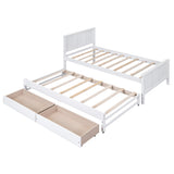 White Twin Size Platform Bed with Trundle and Drawers, Solid Pine Wood and MDF, 80''L x 97.6''W x 41.3''H