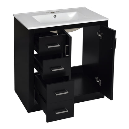 Modern 30'' Bathroom Vanity with Ceramic Sink, Solid Wood Frame Storage Cabinet in Black, MDF & Pine Construction
