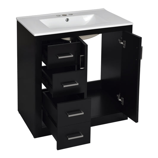 Modern 30'' Bathroom Vanity with Ceramic Sink, Solid Wood Frame Storage Cabinet in Black, MDF & Pine Construction