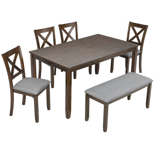 6PCs Kitchen Dining Set, Rectangular Wooden Dining Table with 4 Upholstered Chairs and a Bench, Dining Table Set for 6 People, Living Room, Home Bar and Kitchen, Walnut