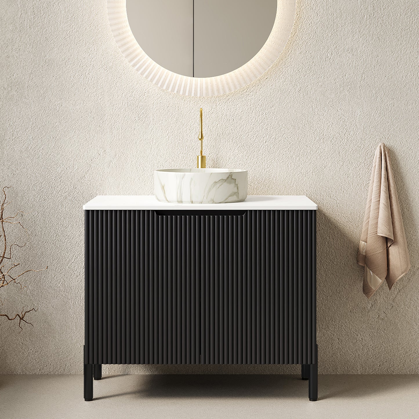 TURIO 30' Bathroom Vanity with Sink, Freestanding Bathroom Storage Cabinet with 2 Doors, White Round Ceramic Basin with Stone Pattern and Carrara White Counter Top, No Faucet, Black Color