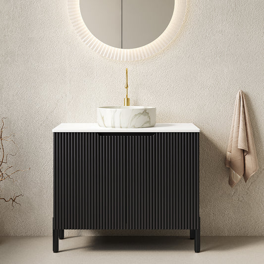 TURIO 30' Bathroom Vanity with Sink, Freestanding Bathroom Storage Cabinet with 2 Doors, White Round Ceramic Basin with Stone Pattern and Carrara White Counter Top, No Faucet, Black Color