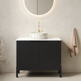 TURIO 30' Bathroom Vanity with Sink, Freestanding Bathroom Storage Cabinet with 2 Doors, White Round Ceramic Basin with Stone Pattern and Carrara White Counter Top, No Faucet, Black Color
