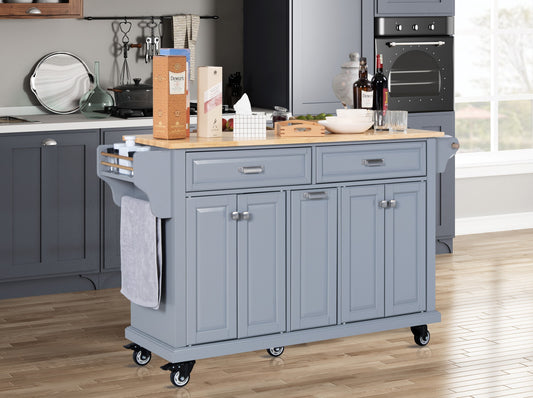 Kitchen Island with Rubber wood Countertop, Kitchen Cart on 5 Wheels with Storage Cabinet and 2 Top Drawers and A center double layered storage drawer for Dinning Room, Grey