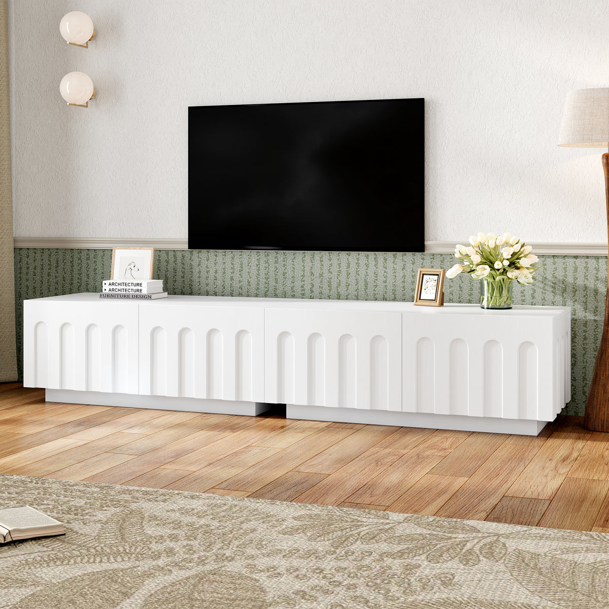 ON-TREND Elegant TV Stand with Arched Design for TVs Up to 80', Modern Dual Purpose Coffee Table with 4 Drawers, Multi-Functional Organizer Cabinet with Storage for Living Room, Bedroom, White