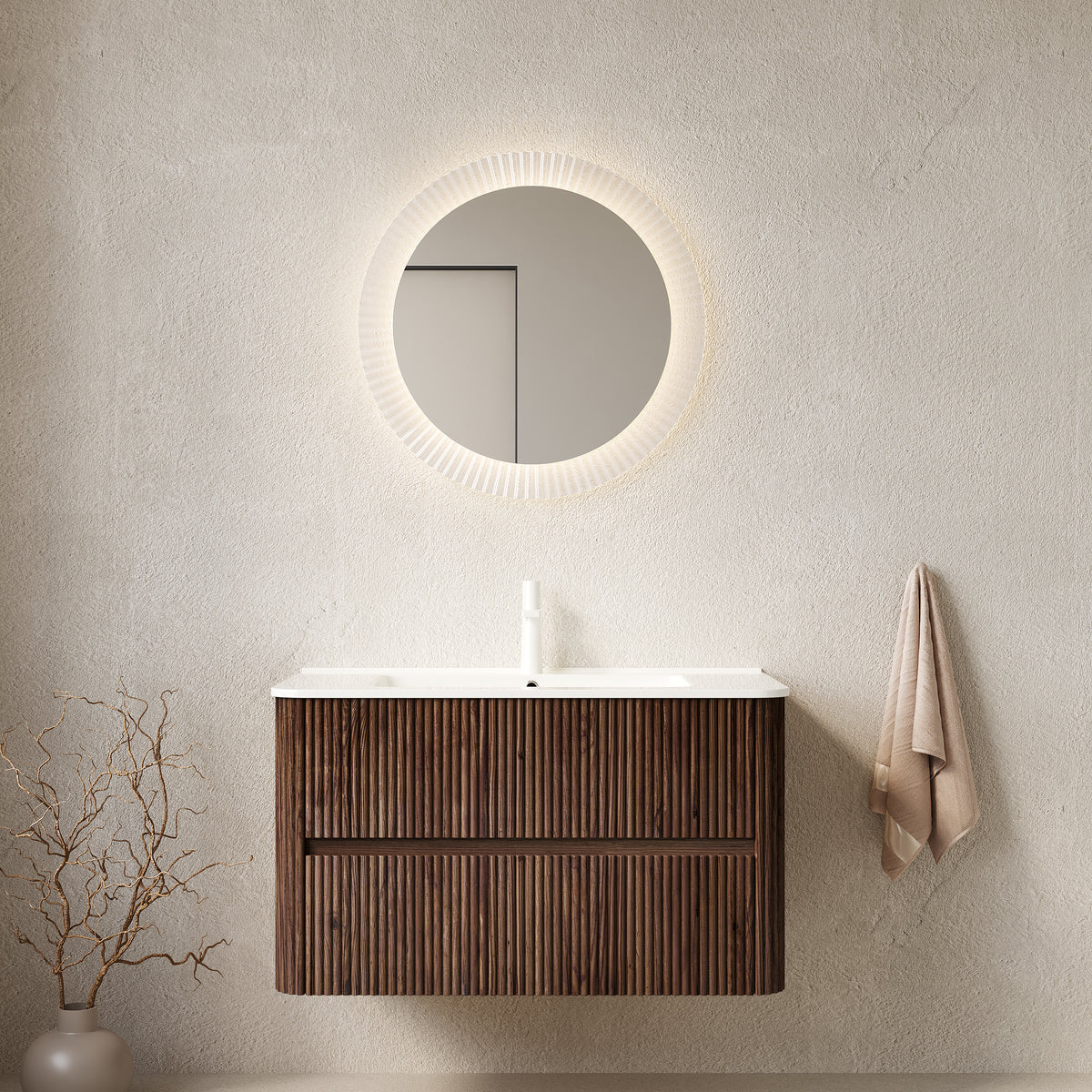 NOOR 36' Bathroom Vanity with Sink, Wall-Mounted Floating Plywood  Bathroom Storage Cabinet with 2 Drawers, White Ceramic Basin, NO Faucet, Pre-assembled, Retro Walnut Woodgrain Color