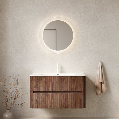 NOOR 36' Bathroom Vanity with Sink, Wall-Mounted Floating Plywood  Bathroom Storage Cabinet with 2 Drawers, White Ceramic Basin, NO Faucet, Pre-assembled, Retro Walnut Woodgrain Color