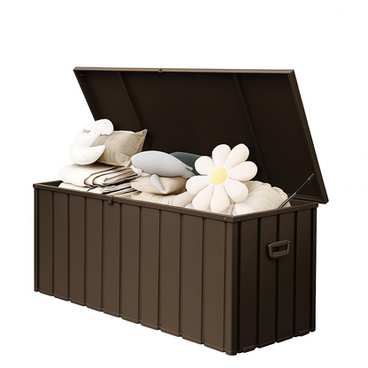 190 Gallon Metal Deck Box, Waterproof Steel Outdoor Box, Large Patio Furniture Storage Cabinet, Lockable Storage Bench for Porch Package Delivery, Pillows, Cushions, Pool, Tools, Backyard, Brown