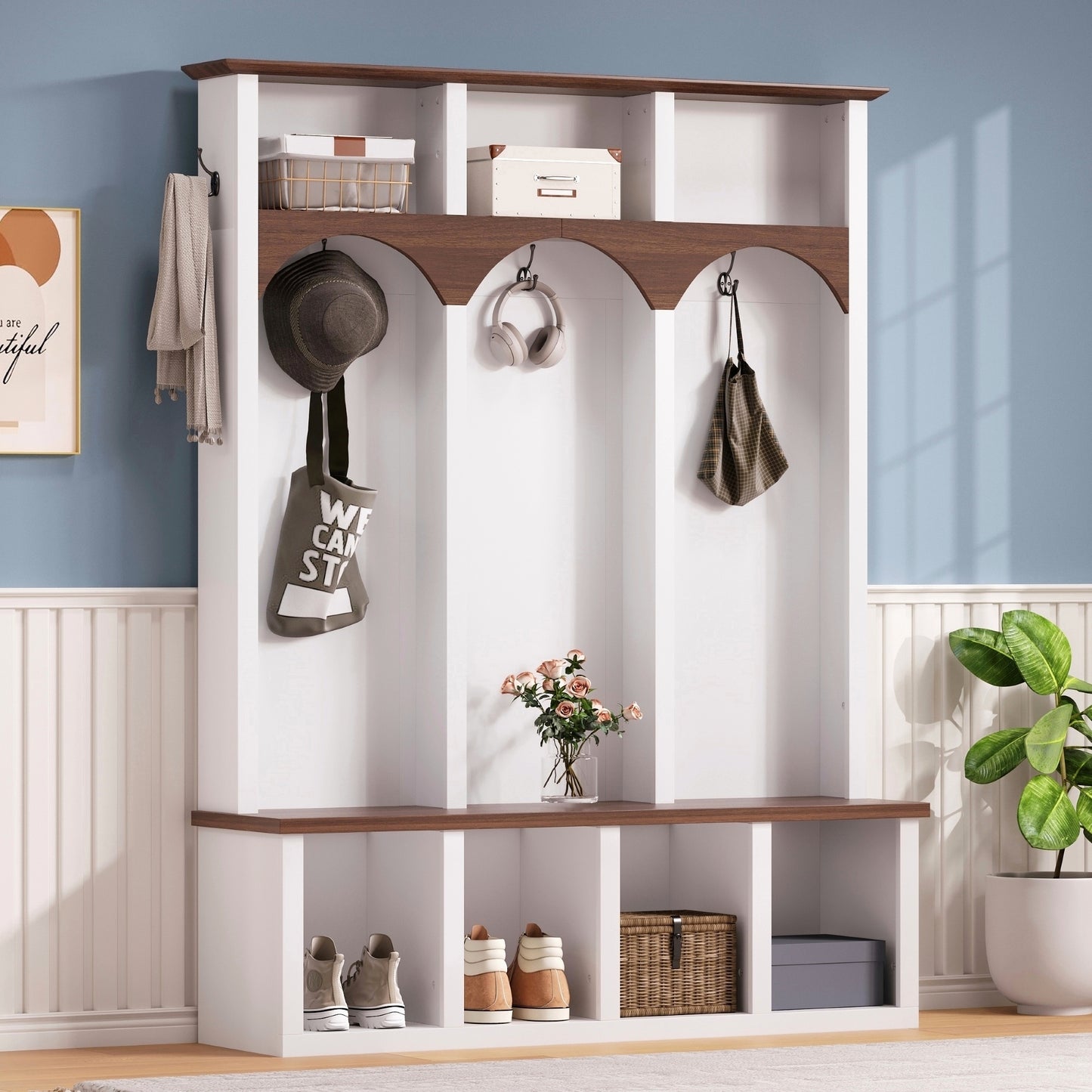 Farmhouse Wooden Style Hall Tree with Arched Design, Practical Entryway Walnut Storage Bench with 5 Black Hooks, Minimalist 4-in-1 Hallway Shoe Cabinet with 7 Cubbies for Mudroom, Living Room, White