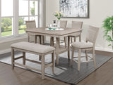 6pc Dining Set Contemporary Farmhouse Style Counter Height w 20-Inch White Faux Marble Lazy Susan All Tan / Beige Gray Finish Upholstered Chairs Bench Wooden Solid Wood Dining Room Furniture
