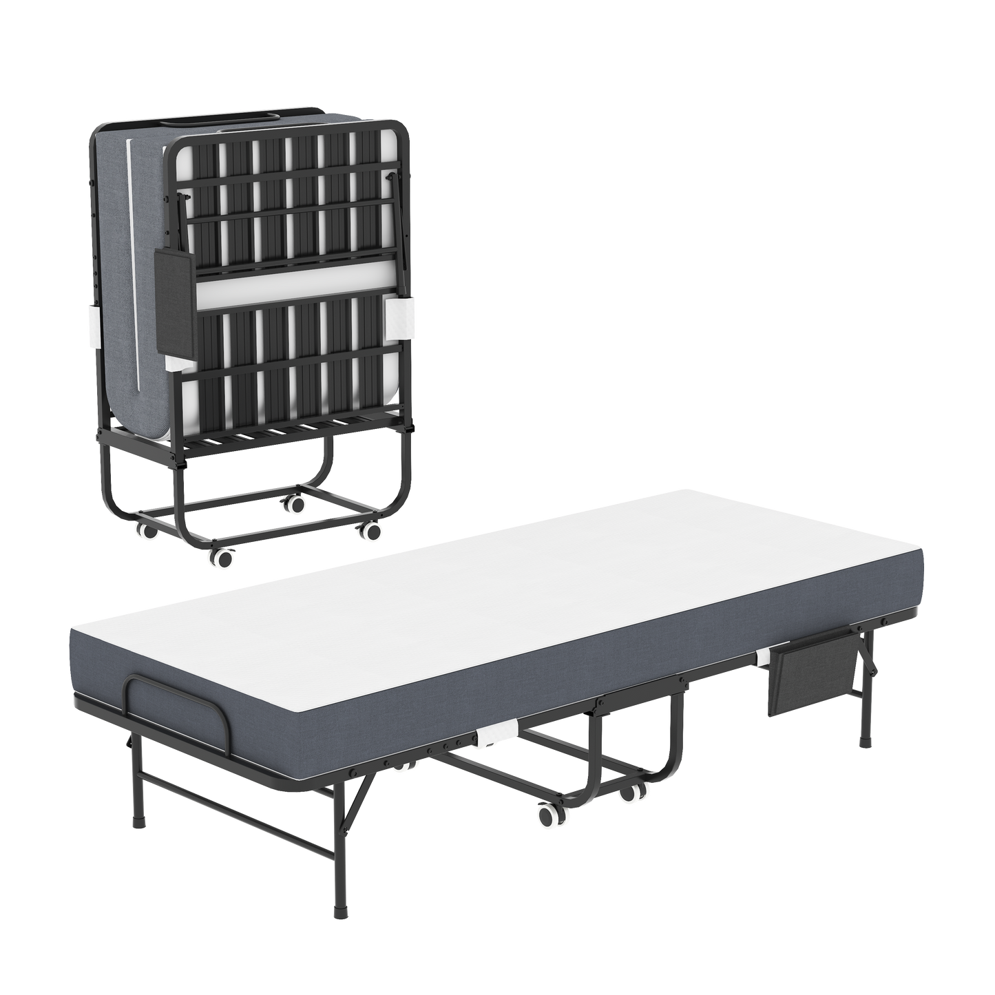 75 Inch Folding Bed with 5' Memory Foam Mattress, Space Saving Rollaway Guest Bed, Heavy-Duty Metal Frame on Wheels, Portable Twin Bed for Adults & Guests
