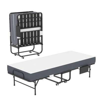75 Inch Folding Bed with 5' Memory Foam Mattress, Space Saving Rollaway Guest Bed, Heavy-Duty Metal Frame on Wheels, Portable Twin Bed for Adults & Guests
