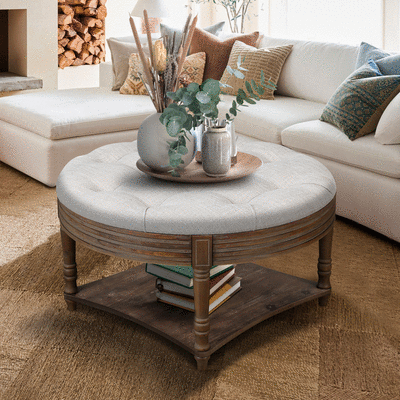Large Round WaterProof Ottoman Coffee Table 2 Tier Oversized Button Tufted Ottoman with Wooden Shelf Storage Farmhouse Upholstered Coffee Table Living Room Footstool Ottoman Linen(Light Gray)