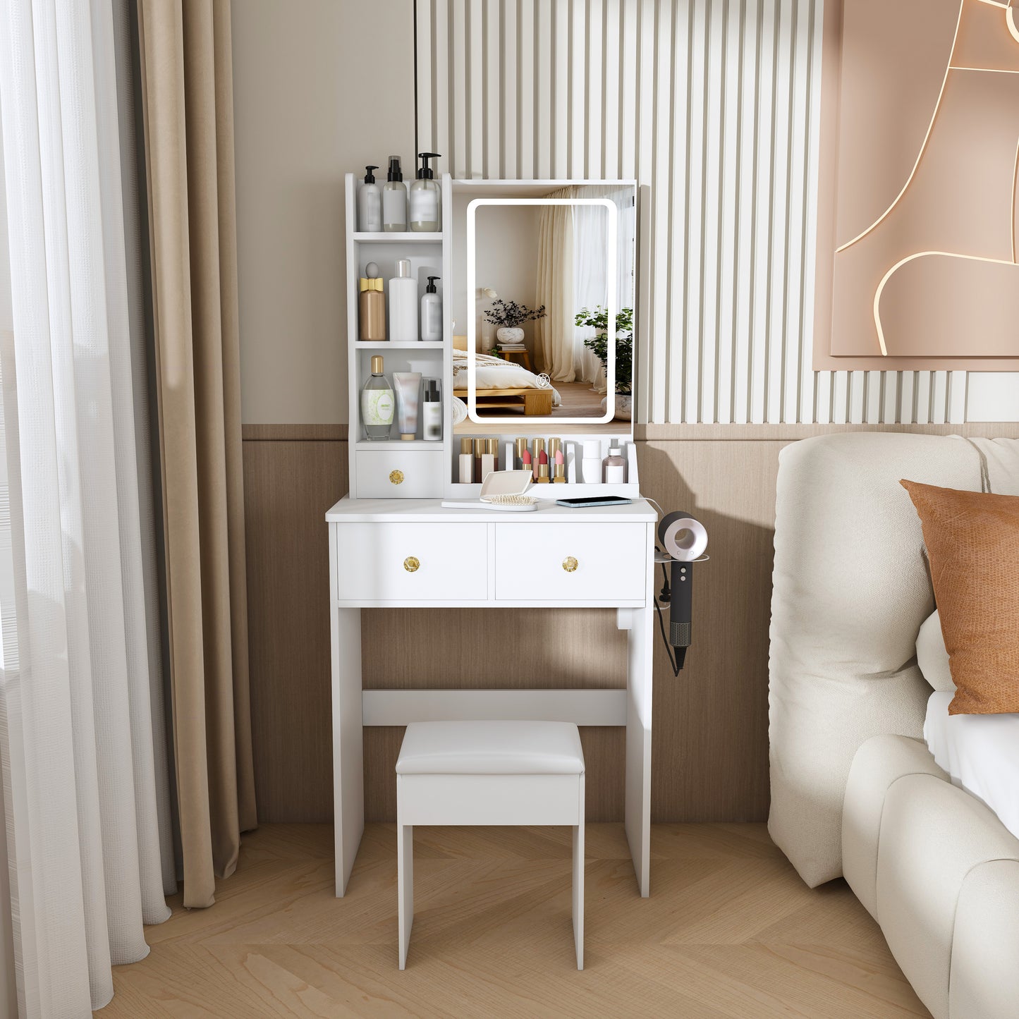 Modern small  Vanity Desk ,featuring 3 modes of LED lighting with adjustable brightness, 3 drawers and multiple open storage shelves, a hair dryer holder and power socket, and a dressing chair. white