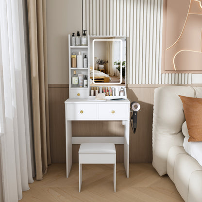 Modern small  Vanity Desk ,featuring 3 modes of LED lighting with adjustable brightness, 3 drawers and multiple open storage shelves, a hair dryer holder and power socket, and a dressing chair. white