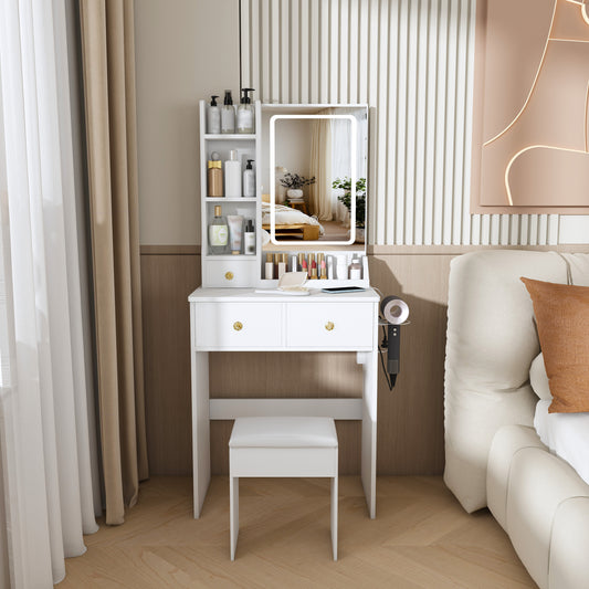 Modern small  Vanity Desk ,featuring 3 modes of LED lighting with adjustable brightness, 3 drawers and multiple open storage shelves, a hair dryer holder and power socket, and a dressing chair. white