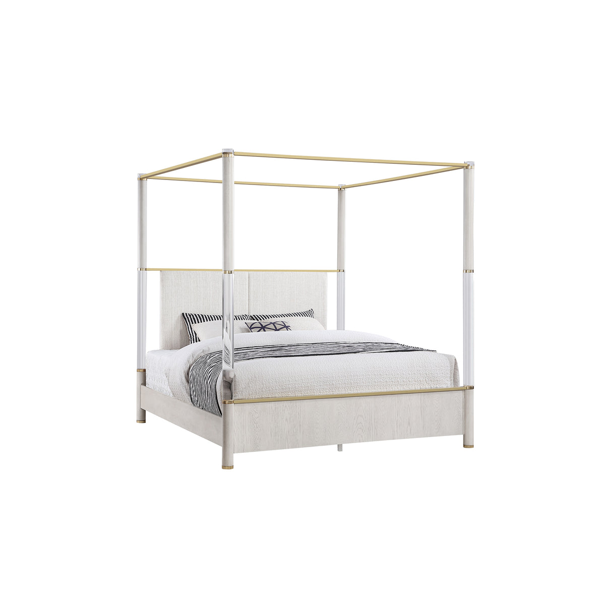 Malco Queen Oak 5PC Bedroom Set with Gold Accents, Upholstered Headboard, Acrylic Hardware in Oak Rubber Wood