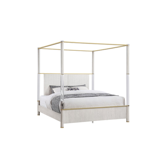 Malco Queen Oak 5PC Bedroom Set with Gold Accents, Upholstered Headboard, Acrylic Hardware in Oak Rubber Wood