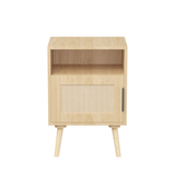 Oak Finish Rattan Nightstand with Solid Wood Legs, 22.83'' H Side Table with Door and Open Shelf for Bedroom, Dorm, and Small Spaces