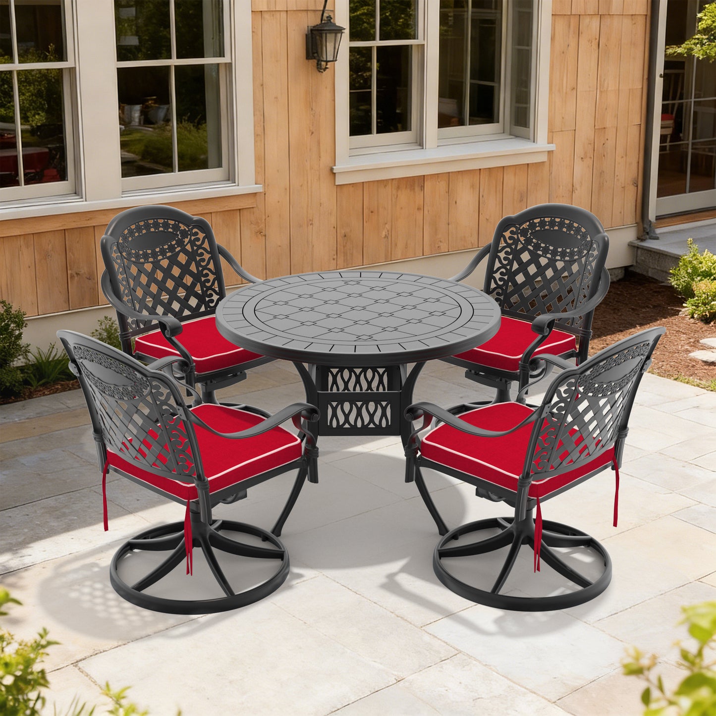 5-Piece All-Weather Cast Aluminum Dining Set, Include 4 Swivel Chairs and 39.37' Round Table With Black Frame