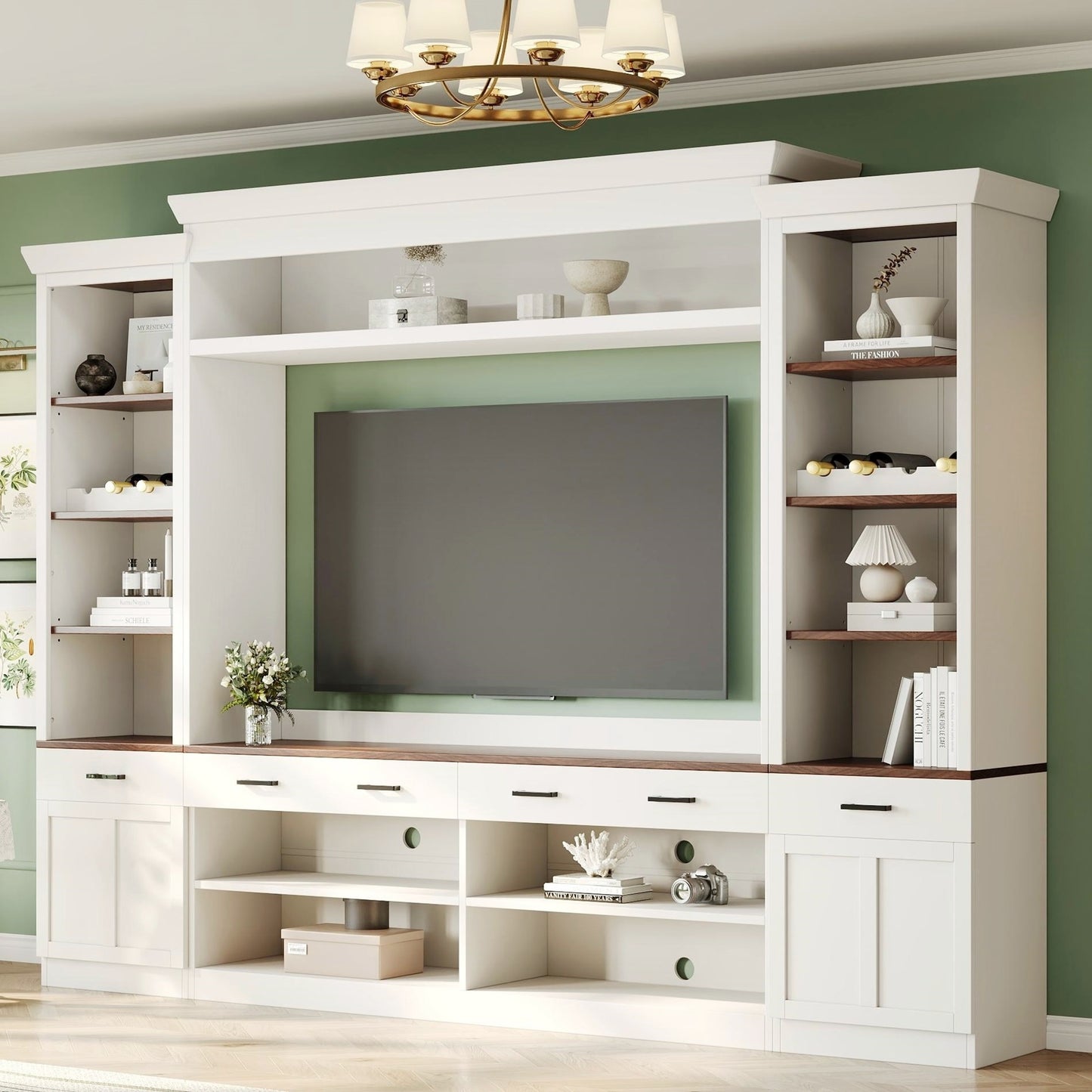 Farmhouse 4-Piece Entertainment Center with Bookshelf for TVs Up to 70', Walnut TV Stand with Adjustable Shelves, Mid-Century Media Console with Wine Rack for Living Room, White(OLD SKU: N721S000046K)