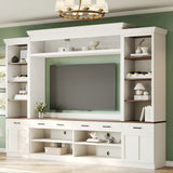 Farmhouse 4-Piece Entertainment Center with Bookshelf for TVs Up to 70', Walnut TV Stand with Adjustable Shelves, Mid-Century Media Console with Wine Rack for Living Room, White(OLD SKU: N721S000046K)