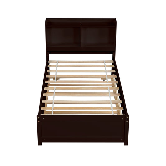 Contemporary Minimalistic Twin Bed with Trundle, Bookcase, Espresso, Pine & Plywood