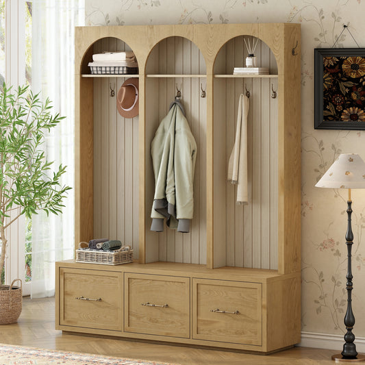 Farmhouse Wooden Style Hall Tree with Arched Design, Elegant Entryway Bench with Retro Hooks, Rustic Coat Rack & Shoe Organizer with Drawers for Mudroom, Living Room, Oak, Natural
