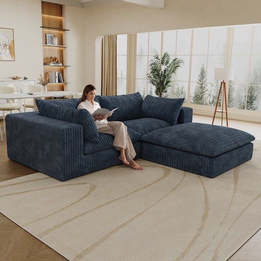 39.8' Cloud Sofa,Corduroy Fabric,Deep Seat Couches,Double-layer design,Removable  Cushion,No Assembly, DIY Combination for Living room, Bedroom,Conference room ,Apartment,Blue