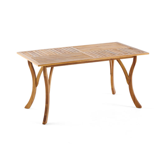 Outdoor Rectangular Table with Curved Legs and Perpendicular Wooden Slats Table Top, Teak