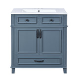 Retro Style 30'' Blue Bathroom Vanity with Ceramic Sink, Solid Wood Frame Storage Cabinet, Soft-Closing Doors, MDF & Ceramic Construction