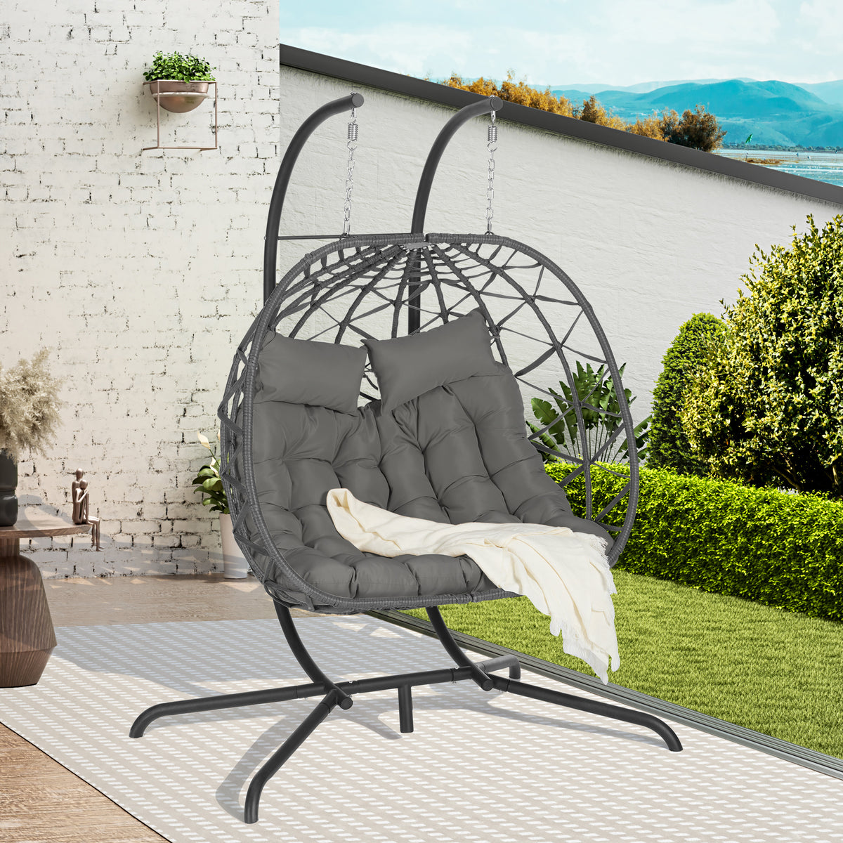 Double Egg Chair with Stand Hanging Indoor Outdoor Wicker Rattan Patio Basket Egg Swing Chair Hammock Egg Chairs with UV Resistant Cushions 600 lbs for Bedroom Balcony Patio