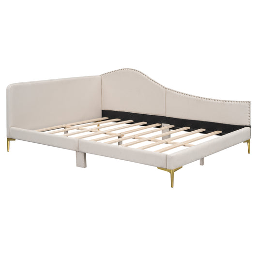 Full Size Upholstered Daybed with Headboard and Armrest, Support Legs, Beige