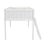 White Twin Size Wood Low Loft Bed with Adjustable Ladder, Solid Pine Wood+MDF, 79.5''L x 41.7''W x 44.5''H