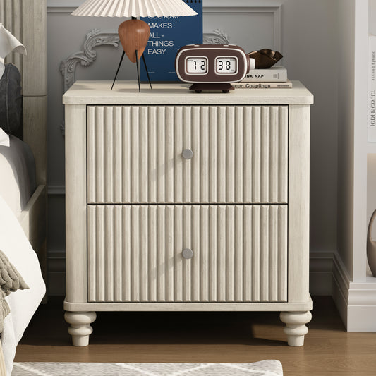 Fluted Nightstand, 21.65' Wide Side Table with 3 Drawers, Mid Century Modern Wood NightStand with Metal Handle, Wooden Bedside End Table for Bedroom, Living Room, Closet, Beige