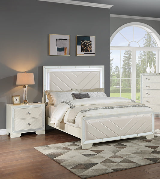 Majestic King Size Bed 2x Nightstands 3pc Set Upholstered Faux Leather HB FB Cream Bedroom Furniture
