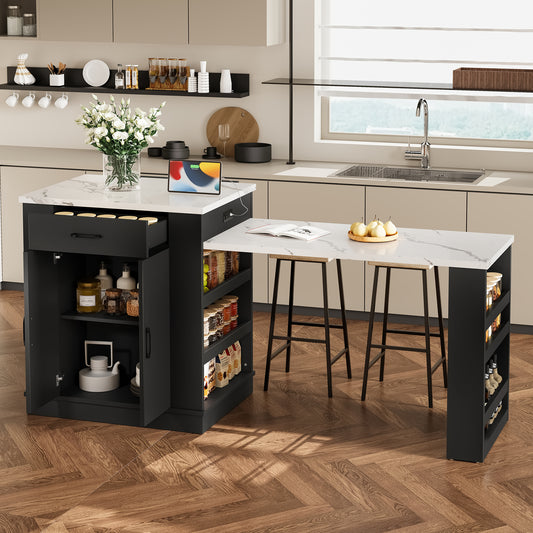 Extendable island console with drawers, double-door cabinet, and open shelving. Serves as dining table, temporary breakfast bar, and afternoon tea lounge,Black