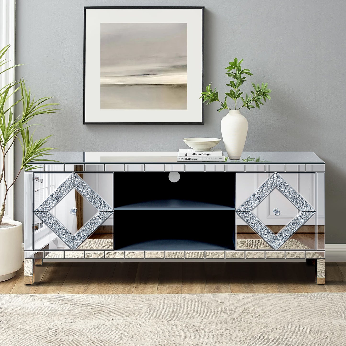 47 Inch Mirror TV Media Console with Diamond Glass Doors, Dual Door Design and Open Storage Space, Compatible with 50-Inch TVs&Modern Decor for Living Room & Bedroom