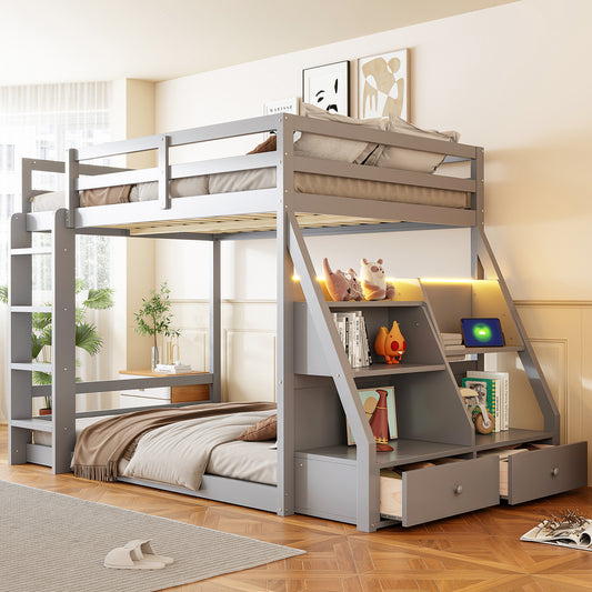Full Bunk Bed with APP-Controlled LED Lights (7 Colors), USB Ports, Storage Shelves and 2 Drawers,Gray