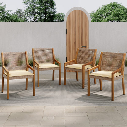 OUTDOOR DINING CHAIR SET-Acacia Wood and Wicker with Cream Cushion Patio Furniture-Teak finish & wicke Brown ,Suitable for large gatherings-set of 4(N770P272397G(2-box))