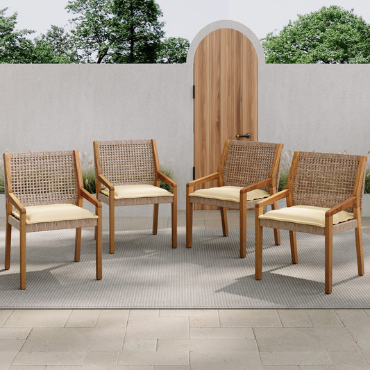 OUTDOOR DINING CHAIR SET-Acacia Wood and Wicker with Cream Cushion Patio Furniture-Teak finish & wicke Brown ,Suitable for large gatherings-set of 4(N770P272397G(2-box))