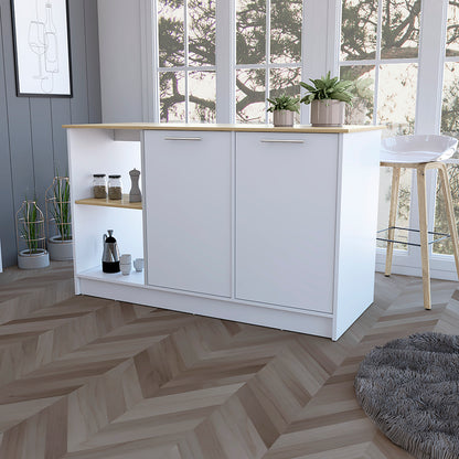 Mercury Kitchen Island with spacious Countertop, Double Door Cabinets, and 2 Open Storage Shelves