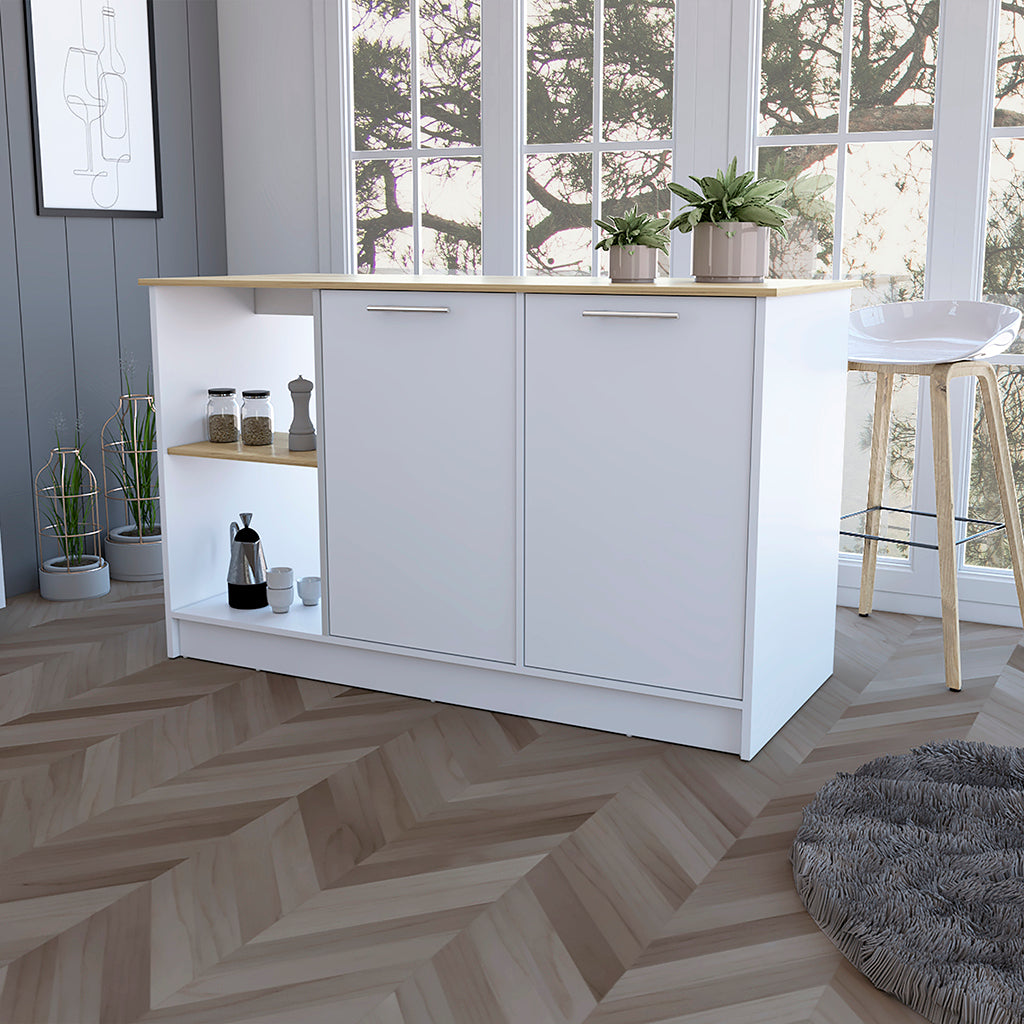 Mercury Kitchen Island with spacious Countertop, Double Door Cabinets, and 2 Open Storage Shelves