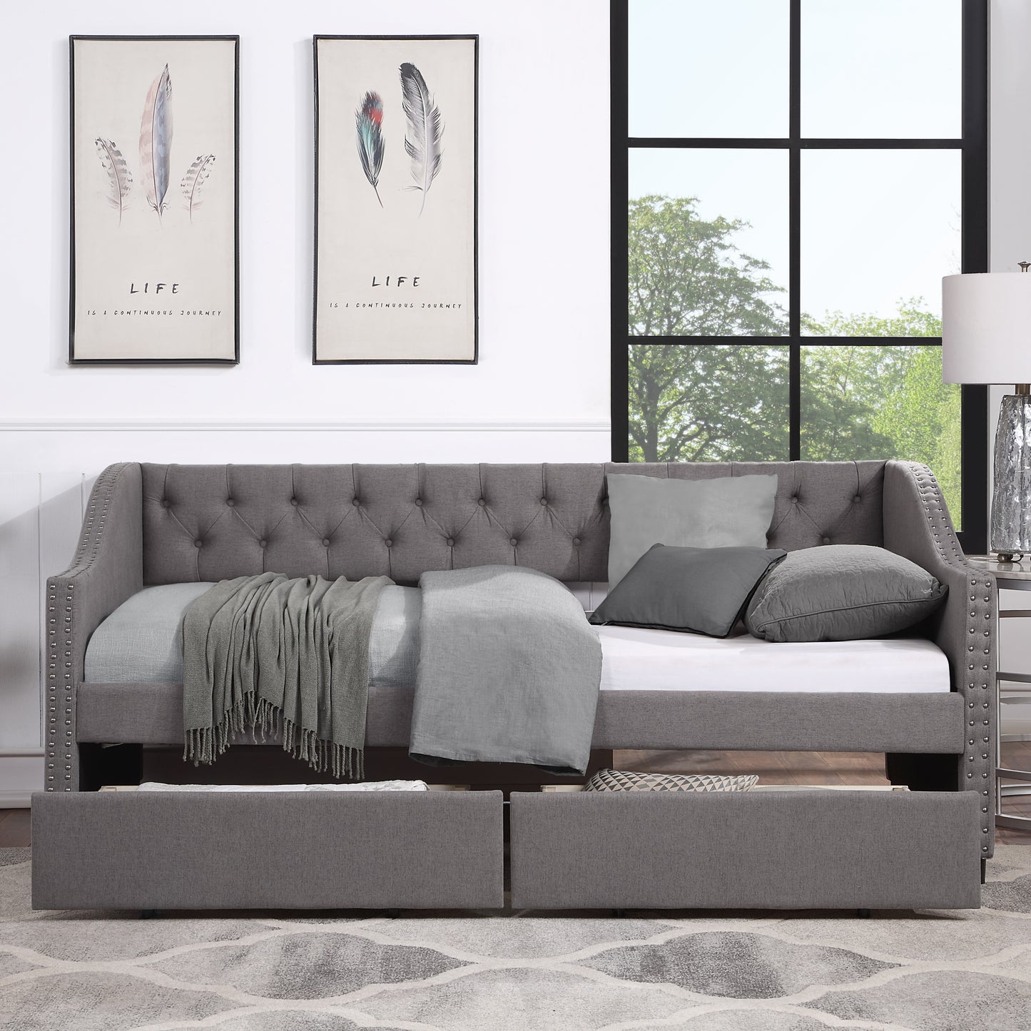 Upholstered Twin Size daybed with Two Drawers, Wood Slat Support, Gray(OLD SKU :LP100011AAE)