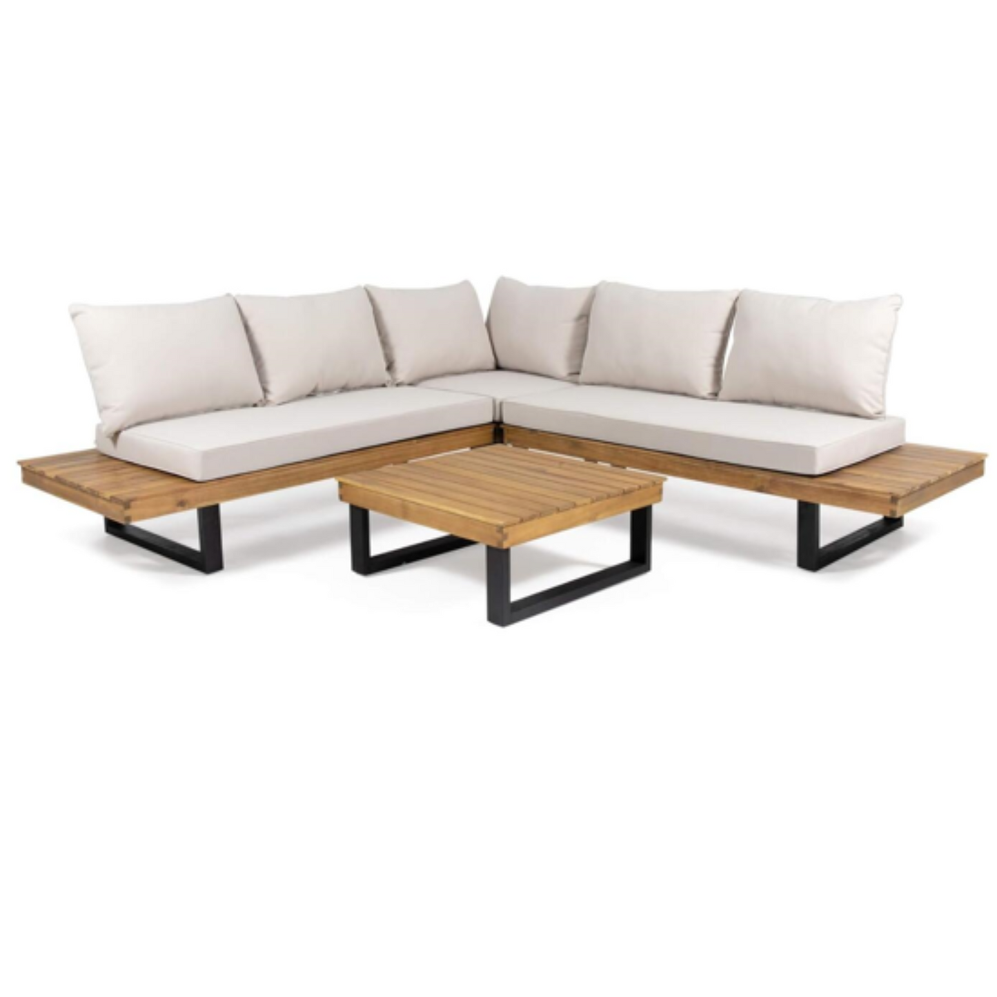 Sebastian Hand-Crafted 4-Piece Sofa Set with Water-Resistant Cushions, Beige Acacia Wood and Teak Finish