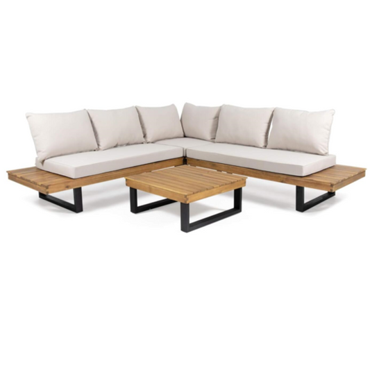 Sebastian Hand-Crafted 4-Piece Sofa Set with Water-Resistant Cushions, Beige Acacia Wood and Teak Finish