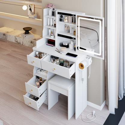 29.2' Small Size Drawer Desktop Vanity Table + Cushioned Stool, 2 AC+2 USB Power Station, Hair dryer bracket, Extra Large Touch Control Sliding LED Mirror, 3-color Switching, EPA, GCC, UL Certificate