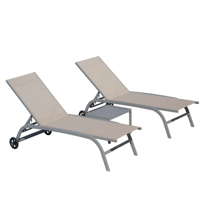 Chaise Lounge Outdoor Set of 3, Lounge Chairs for Outside with Wheels, Outdoor Lounge Chairs with 5 Adjustable Position, Pool Lounge Chairs for Patio, Beach (Khaki,2 Lounge Chairs+1 Table)