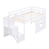 White Twin Size Loft Bed with Storage Staircase, Window, and LED Light - Pinewood & MDF Construction