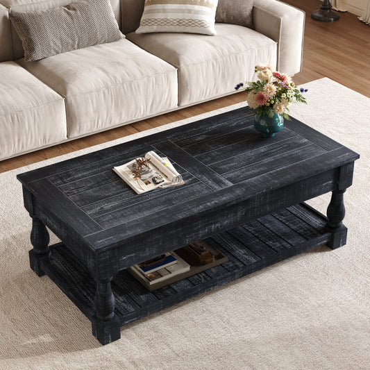 Farmhouse Lift Top Coffee Table with Fixed Shelf - 3 Hidden Storage Trays, Handsomely Crafted in Weathered Black Finish, Versatile Two-Tier Living Room Table